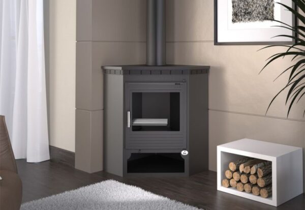 Poêle à bois d’angle double combustion avec bûcher intégré 11 kW – M-105