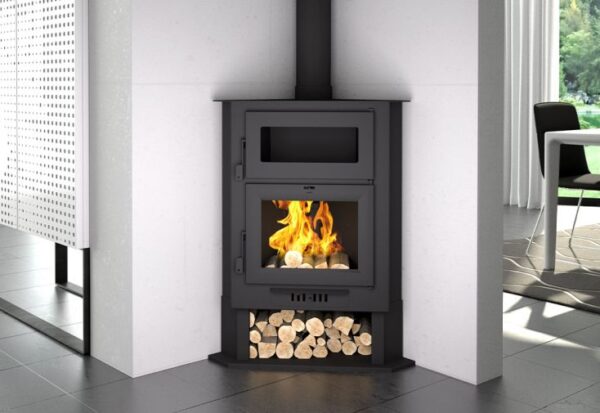 Poêle à bois d’angle double combustion avec four et bûcher 11 kW – CH-5 H